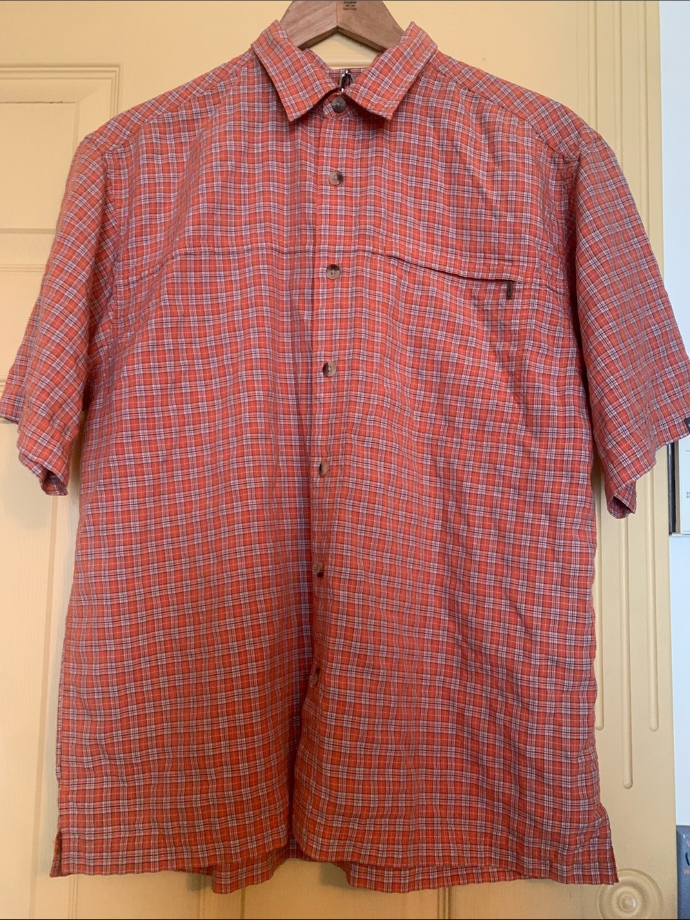 The North Face Button Down Short Sleeve Orange Plaid Outdoors Casual Hike